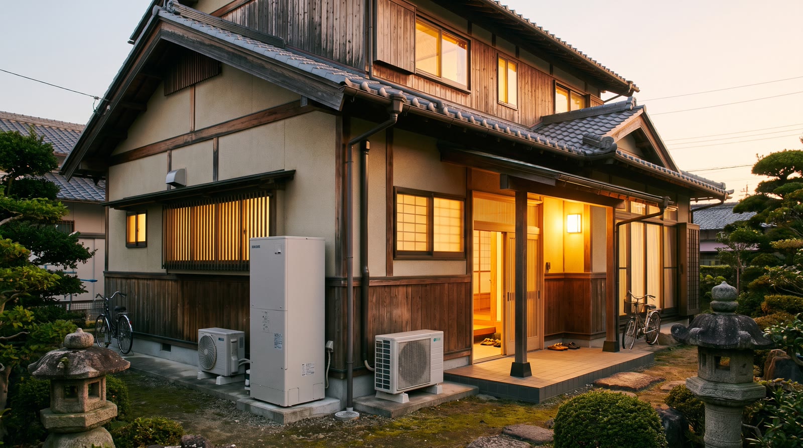 夕暮れの温かい日本の住宅。外壁沿いにエコキュートの貯湯タンクと室外機
